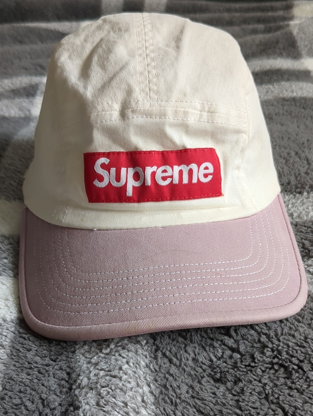 Supreme Cream Cap with Dusty Pink Brim and Red Box Logo